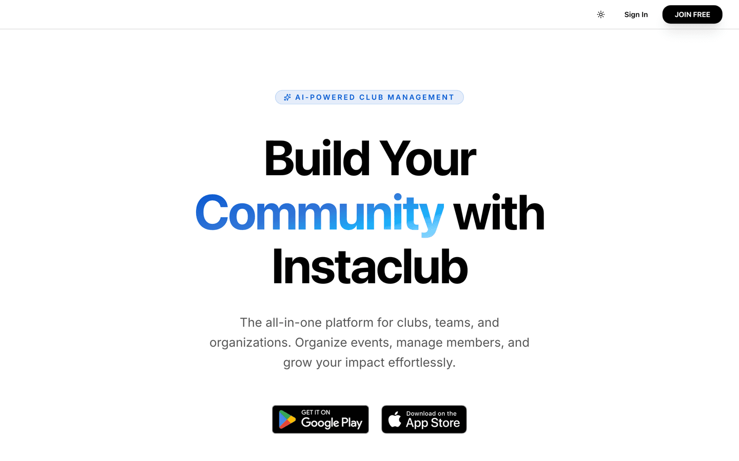 The Instaclub landing page, an AI-powered club management platform built with Turbostack
